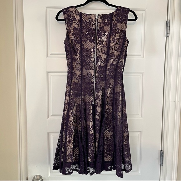 CB Plum Purple Lace Overlay Nude Lining Sleeveless Fancy Fit & Flare Short Dress - Picture 3 of 12